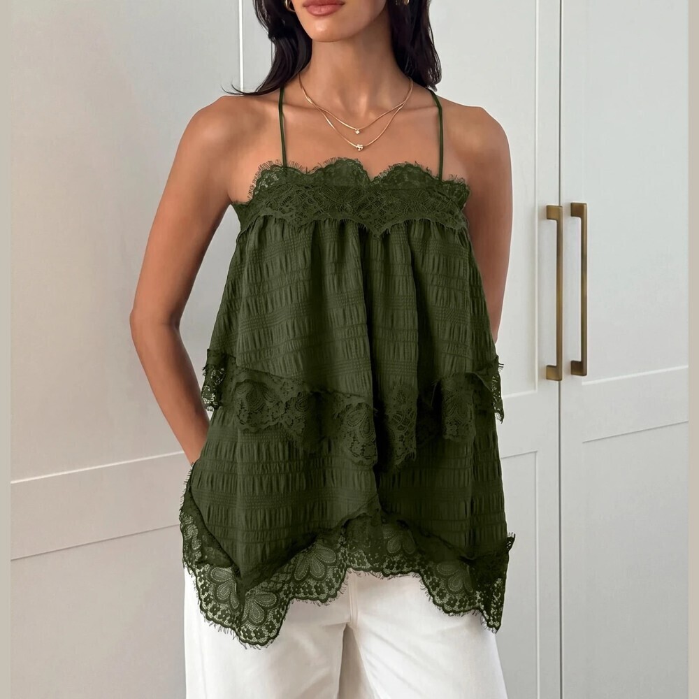 Olive Green Lace Trim Tiered Swing Spaghetti Strap Cami Top